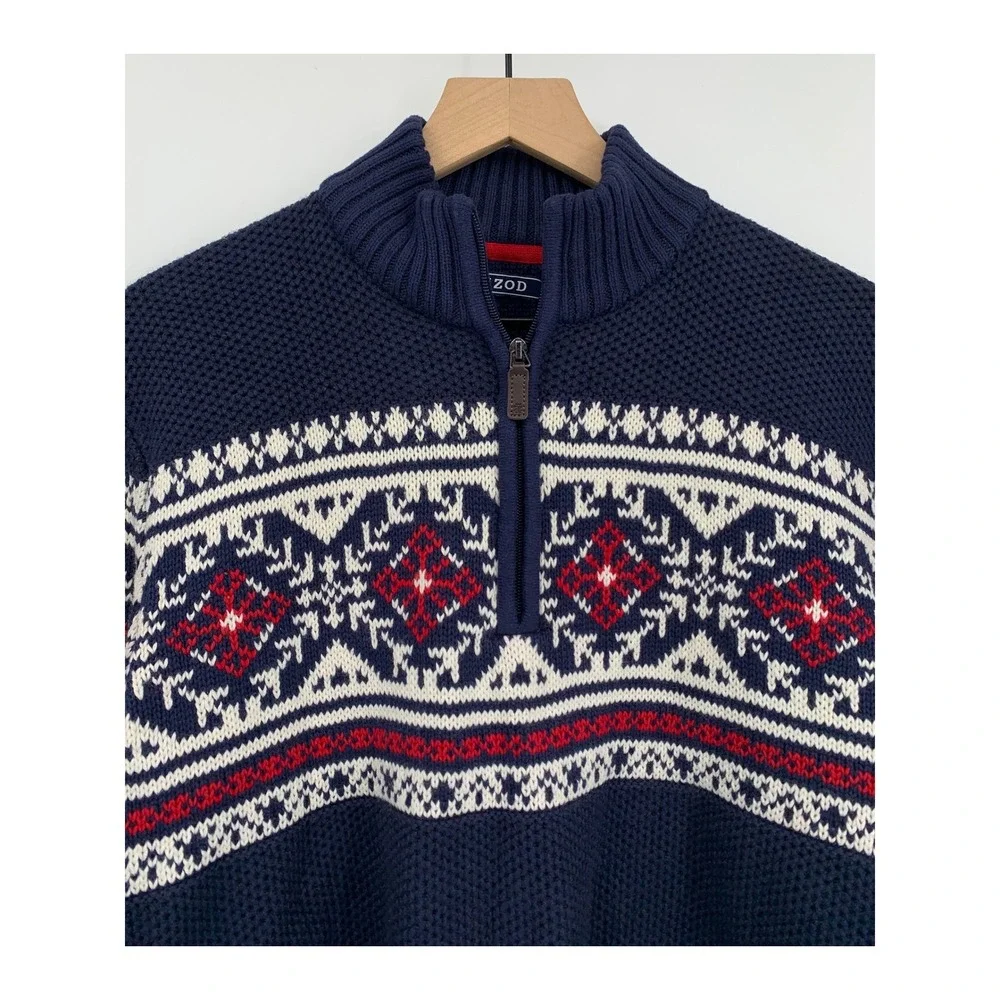 IZOD Sweater Mens XL Blue Red Nordic Fair Isle Thick Cotton Knit 1/4 Zip Ski
